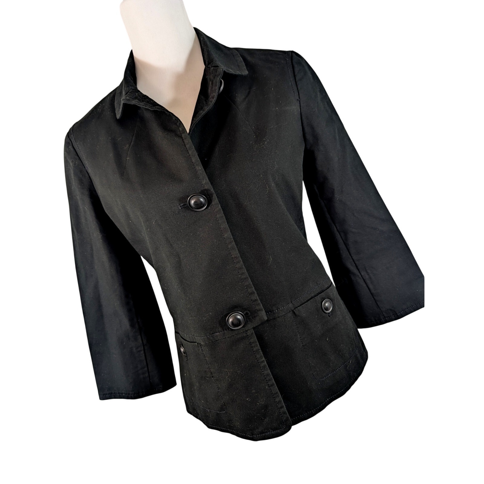 Talbots! Rich Black Cotton Big Button Detail 3/4 Sleeve Jacket, Blazer! Size 6